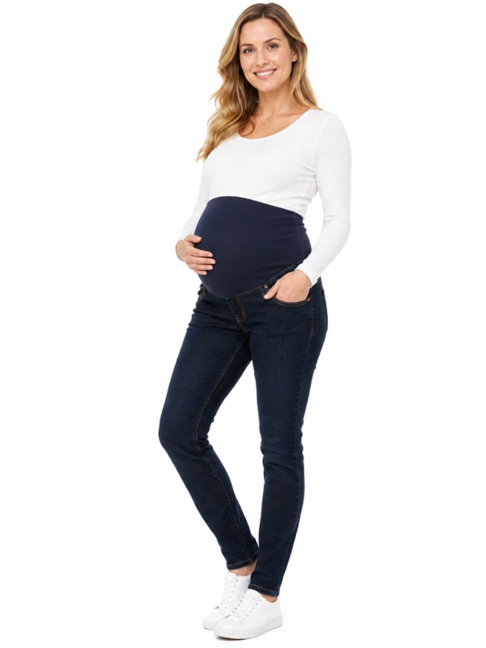 2/$30 Indigo Blue Maternity Skinny Jeans Full Belly Panel Dark Wash Denim Sz L
